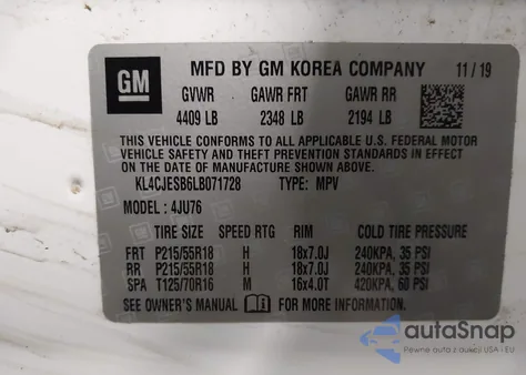 2020 Buick Encore Awd Preferred z USA, uszkodzony, nr VIN KL4CJESB6LB071728